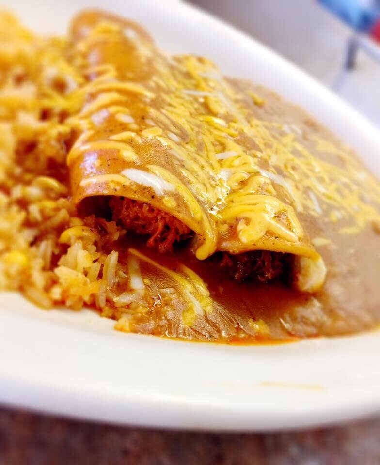 Chapala enchiladas with rice and beans